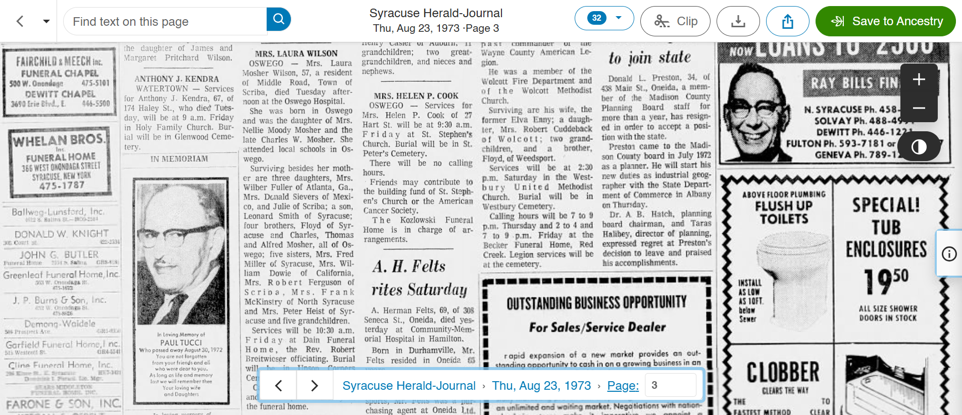 Newspapers.com viewer showing Aug 23 1973 Syracuse Herald-Journal page 3 with Laura's obit